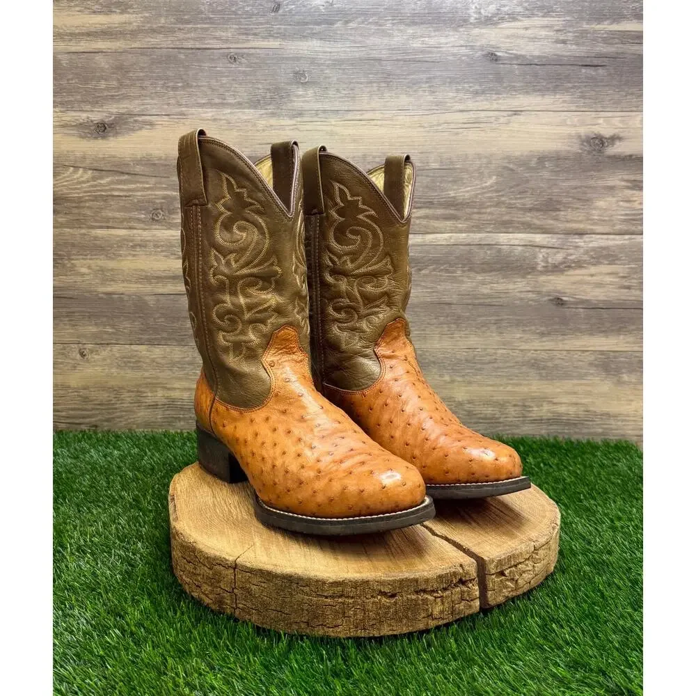 Goyazes Men - Size 9 - Olive Green/Tan Ostrich Cowboy Boots Style 359340 - Picture 1 of 11